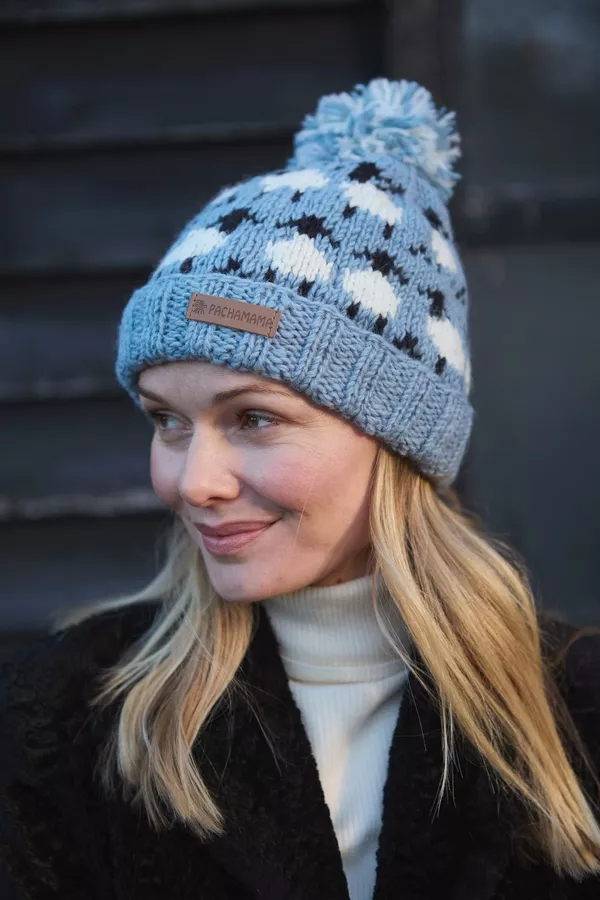 Merino Sheep Bobble Beanie Blue
